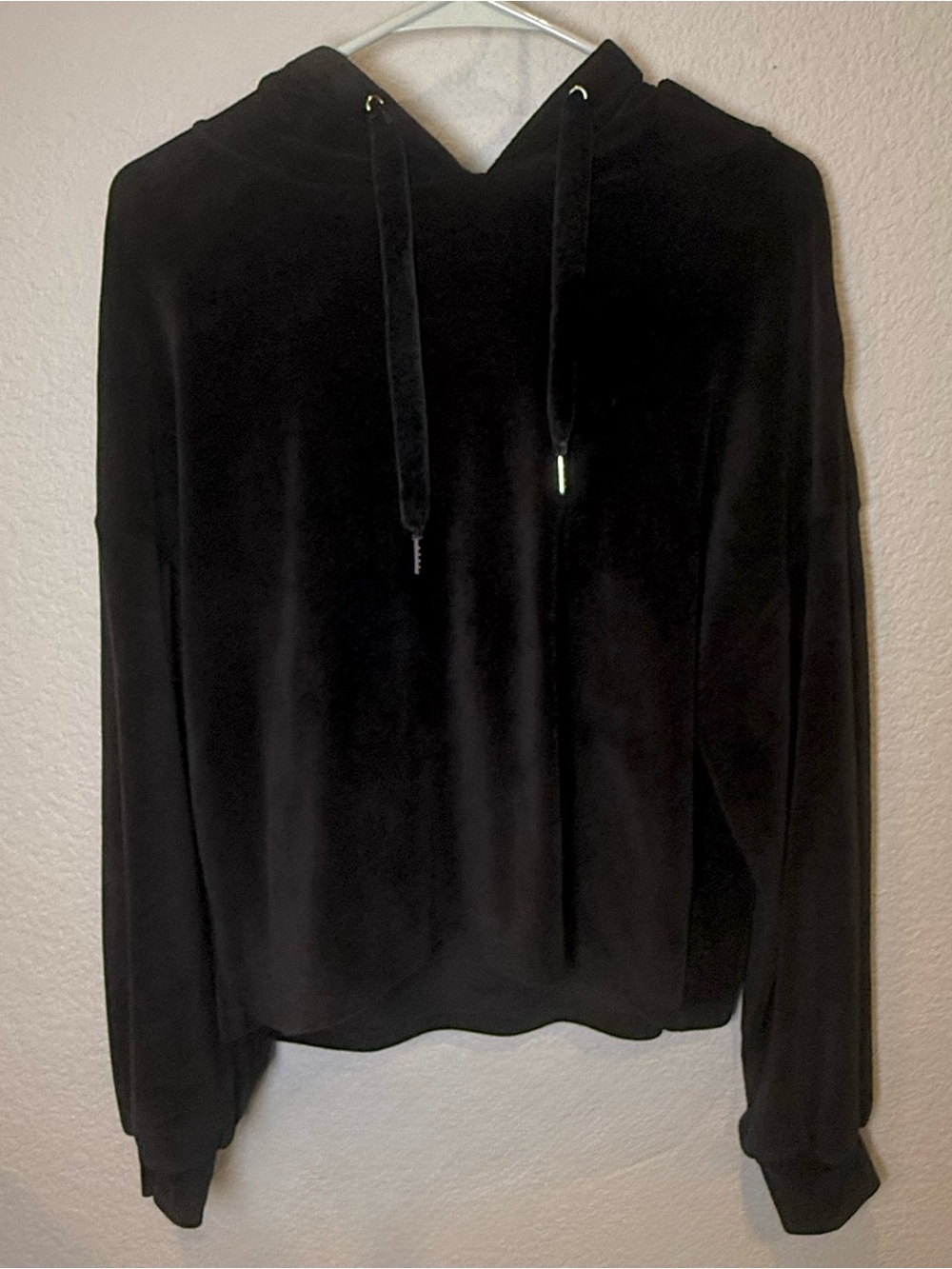 Black Faux Velvet Hooded Pullover